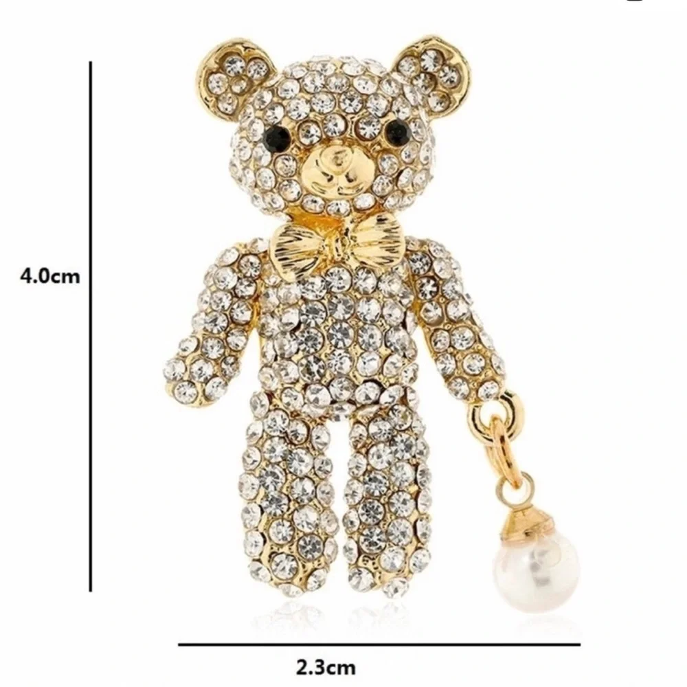 Rhinestone Teddy Bear Brooch with Pearl Charm - Gold Tone